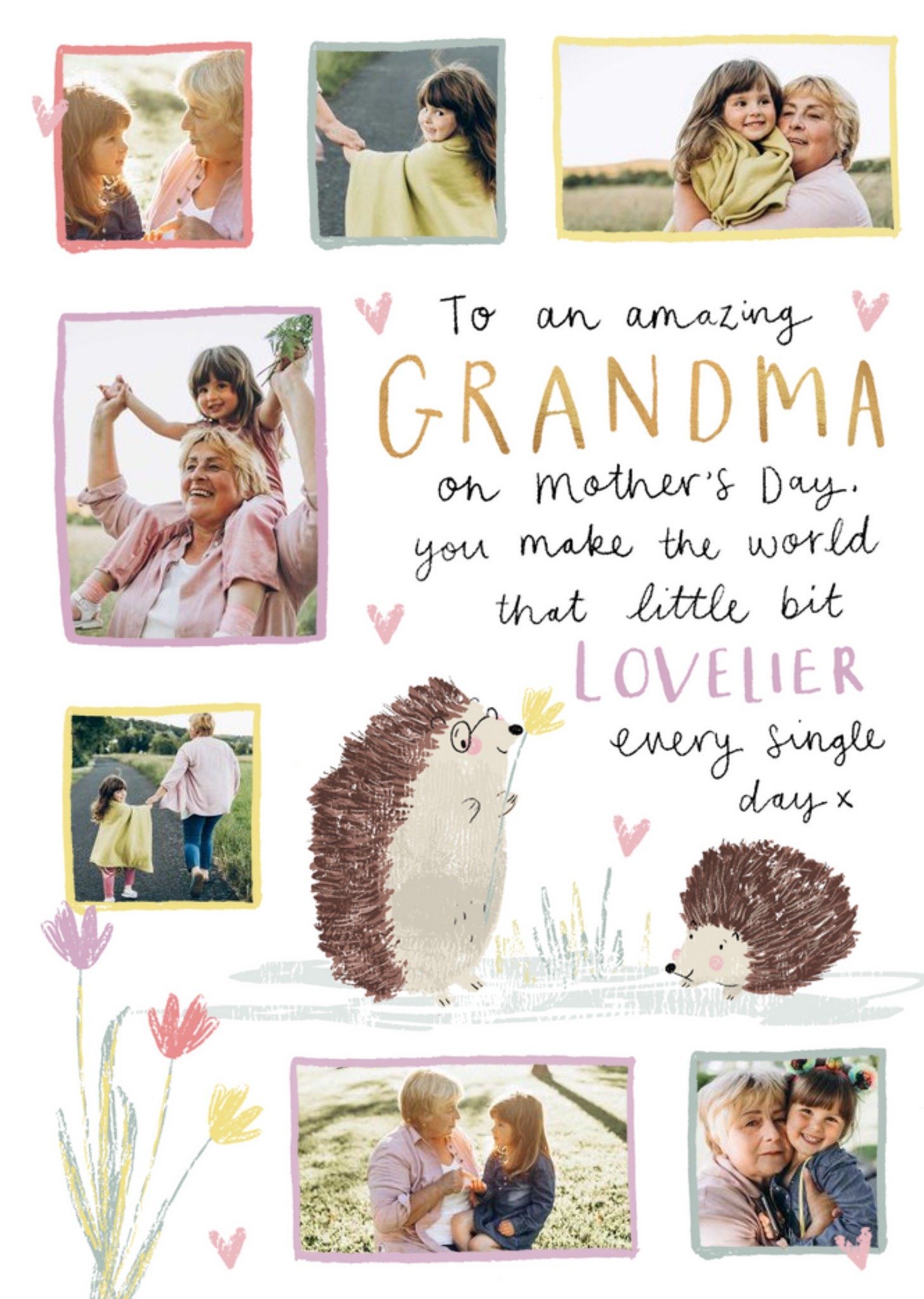 Moonpig Cute Illustration Of Hedgehogs Among Flowers Grandma's Photo Upload Mother's Day Card Ecard