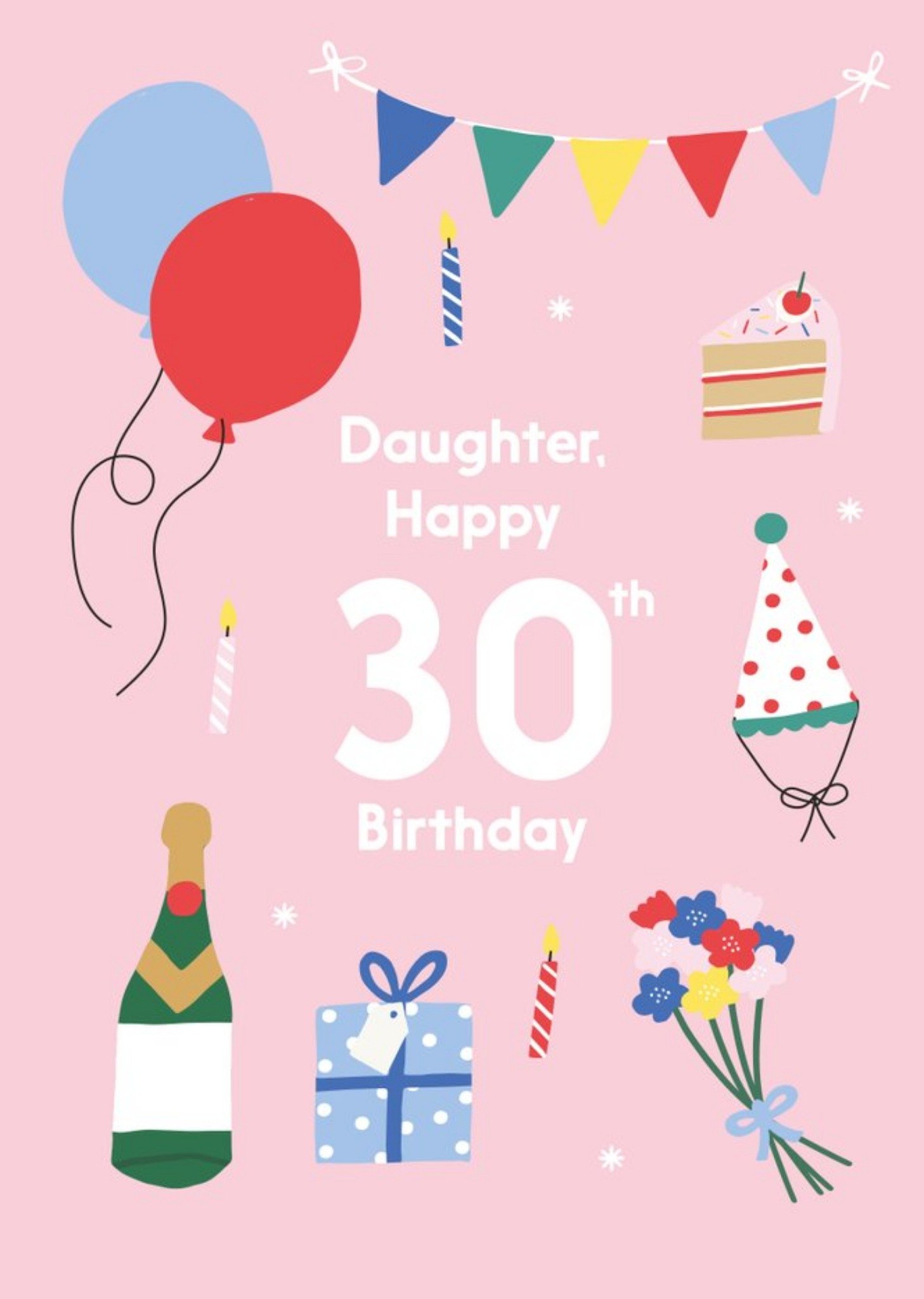 Illustrated Cute Party Balloons Daughter Happy 30th Birthday Card Ecard