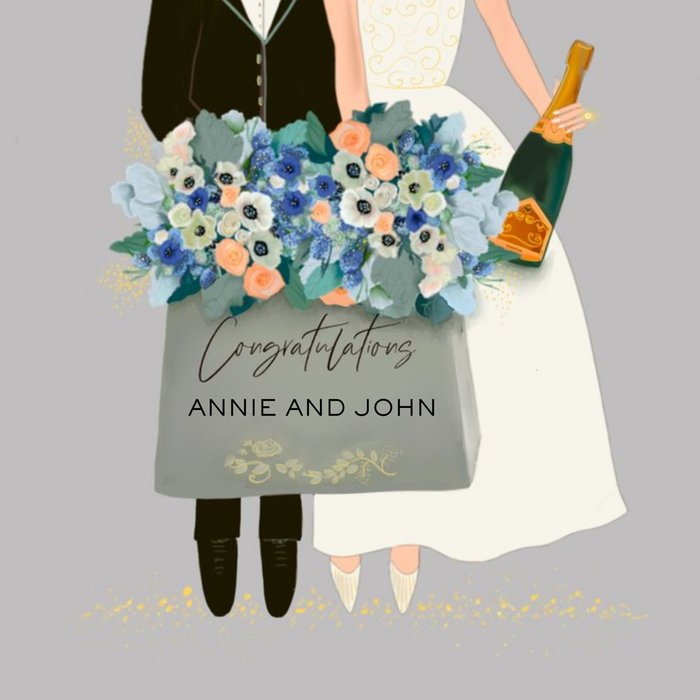 Illustration Of A Married Couple With Flowers And Wine Wedding Congratulations Card