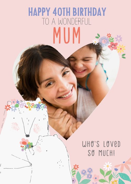 Cute heart shaped photo upload illustrative bears Mum Birthday Card  