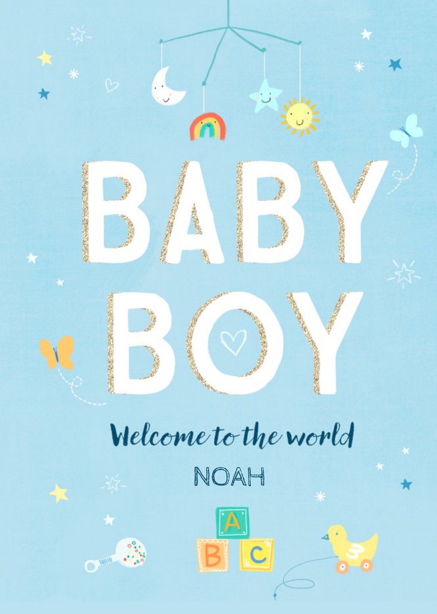 Typographic Illustrated Welcome To The World New Baby Boy Card Ecard