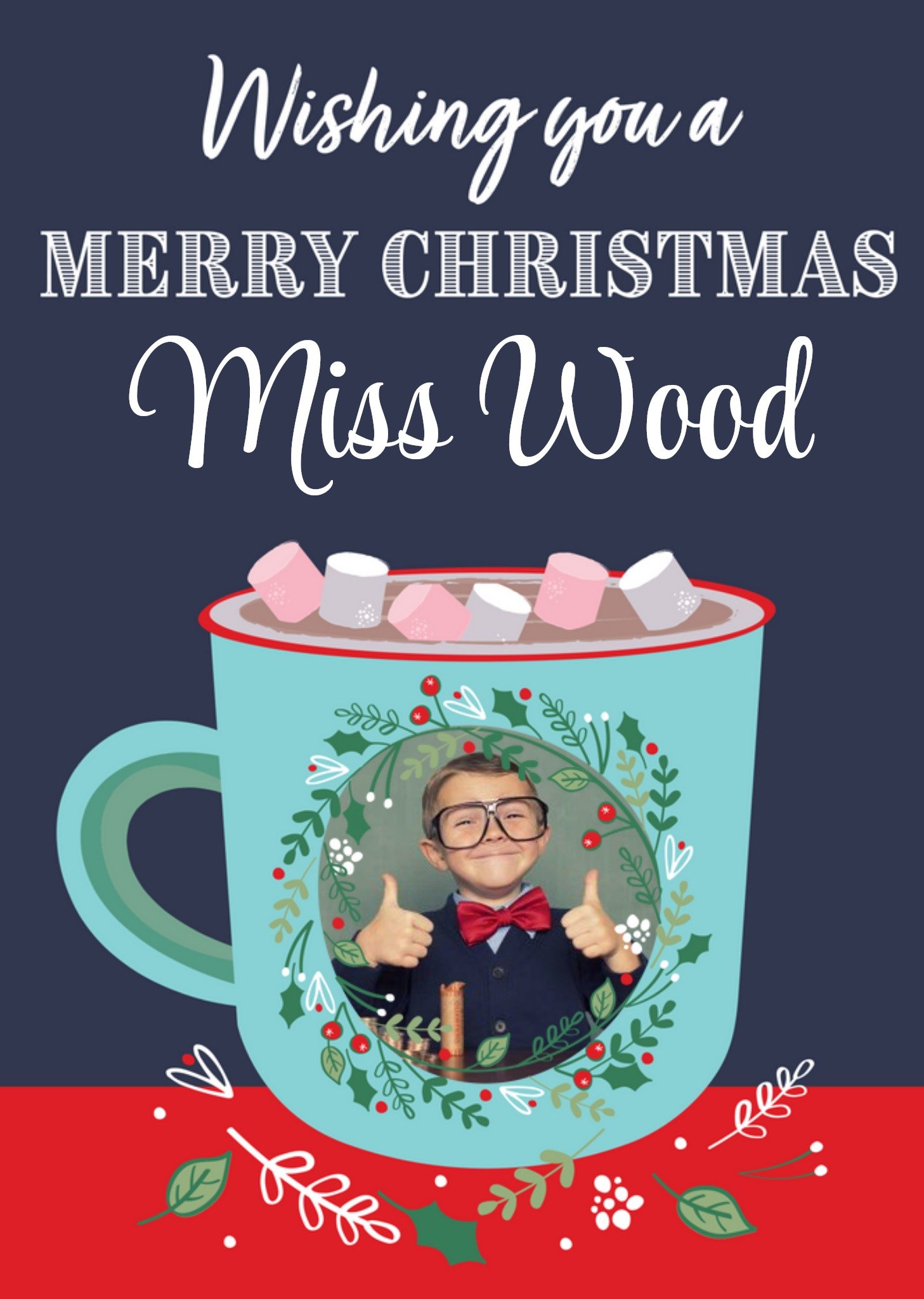 Moonpig Illustration Of A Mug Of Hot Chocolate With A Circular Photo Upload Christmas Card, Large