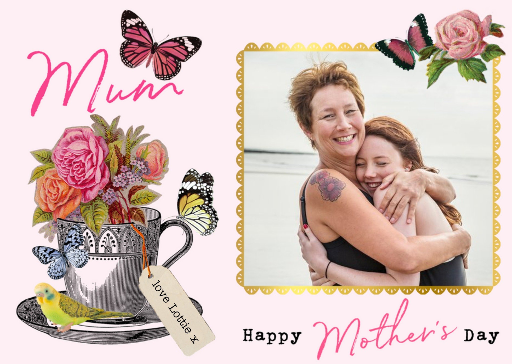 Moonpig Butterflies And Flowers In A Teacup Mother's Day Photo Card Ecard