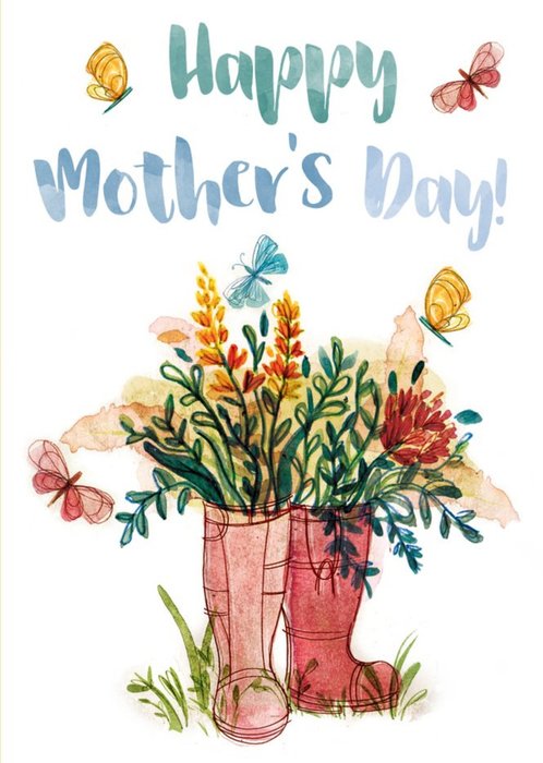 Mother's Day Card - Watercolour Painting - Wellington Boots - Flowers