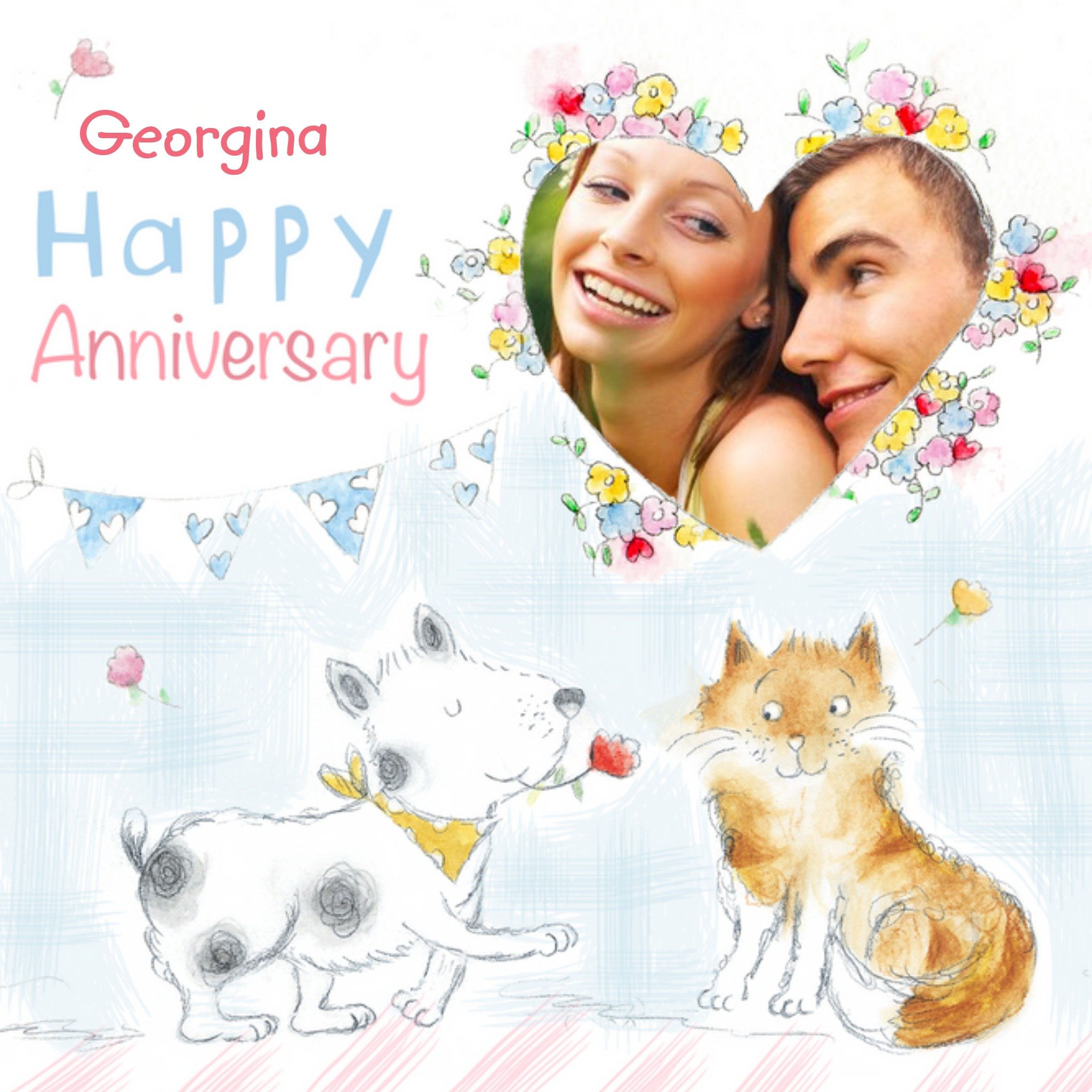 Cartoon Cat And Dog Happy Anniversary Photo Card, Square