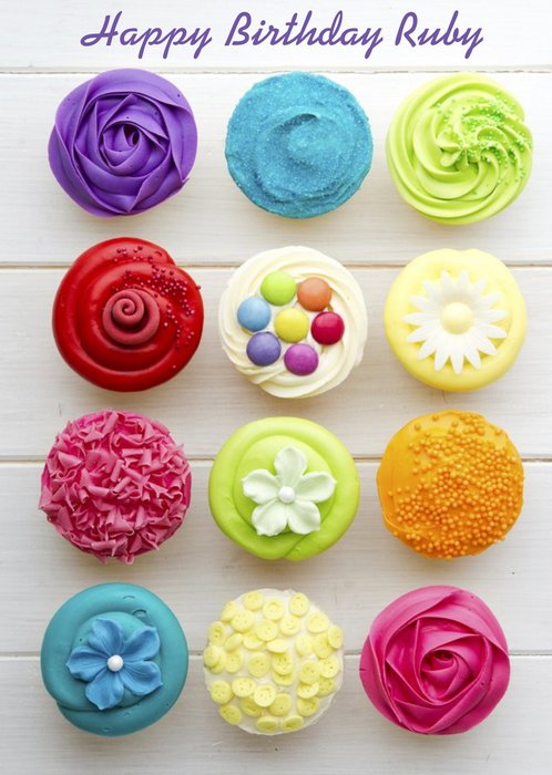 Colourful And Bright Cupcakes Personalised Happy Birthday Card