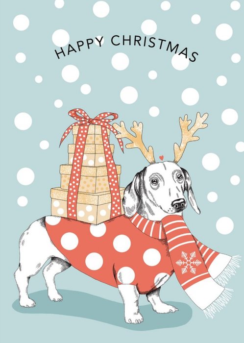 Modern Cute Illustration Sausage Dog Carrying Christmas Presents Christmas Card