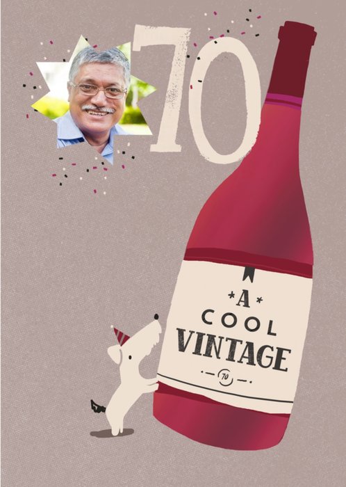 Personalised Photo Illustrated Wine Bottle Dog 70th Birthday Card