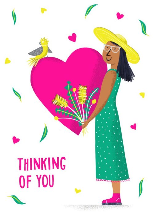 Vibrant Illustration Of A Woman Holding A Large Heart Thinking Of You Card
