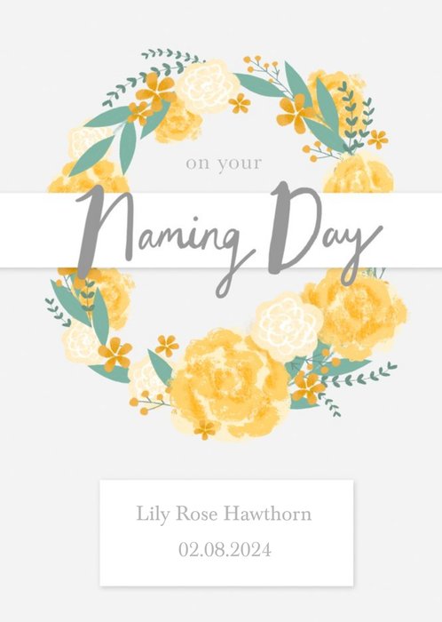 Millicent Venton Yellow Floral Wreath Naming Day Card