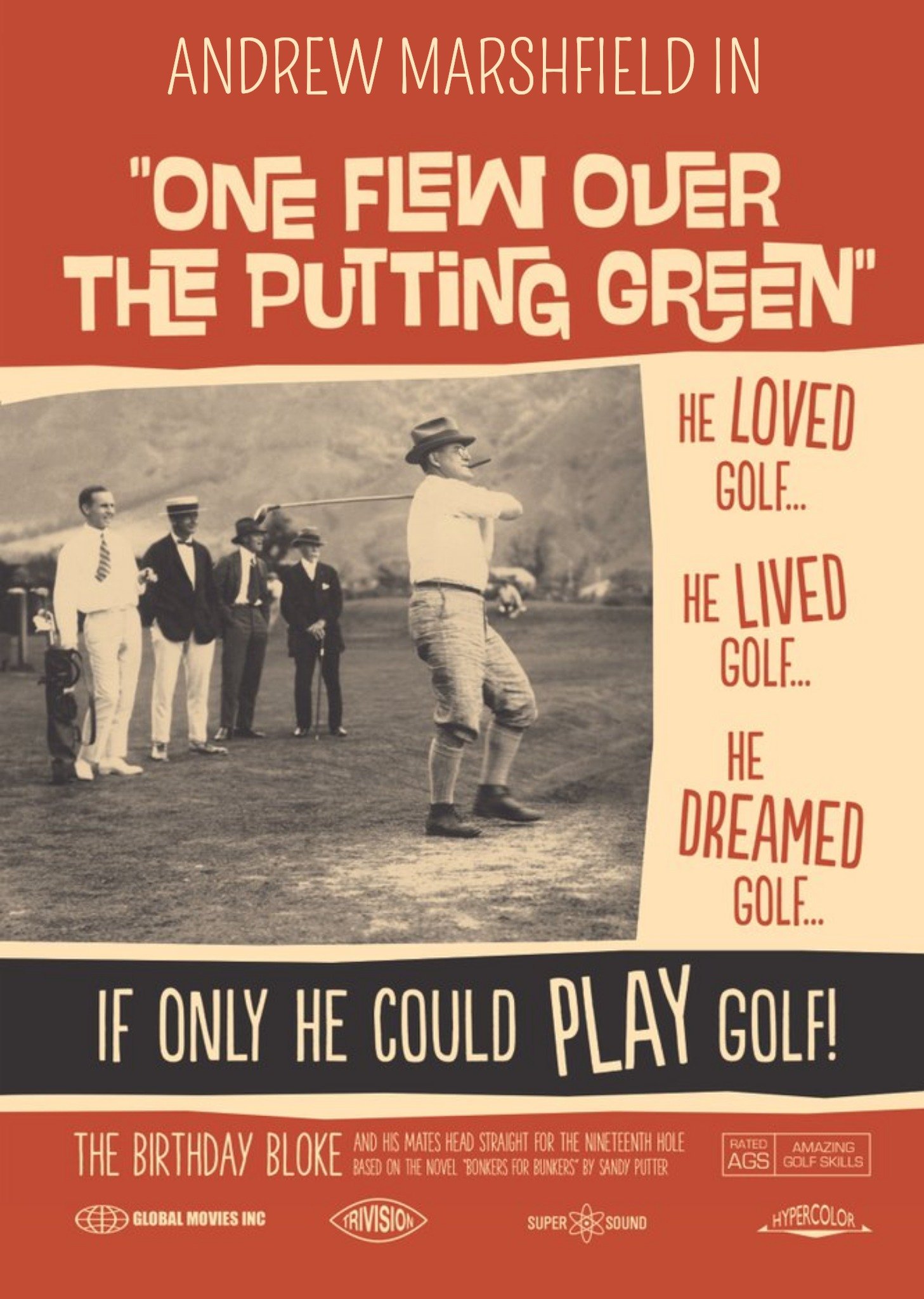 Moonpig One Flew Over The Putting Green Film Golf Poster Personalised Card Ecard