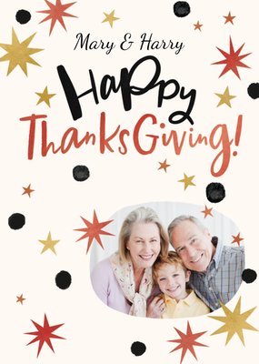 Happy Thanksgiving Decorated With A Funky Star Burst Pattern Photo upload Card