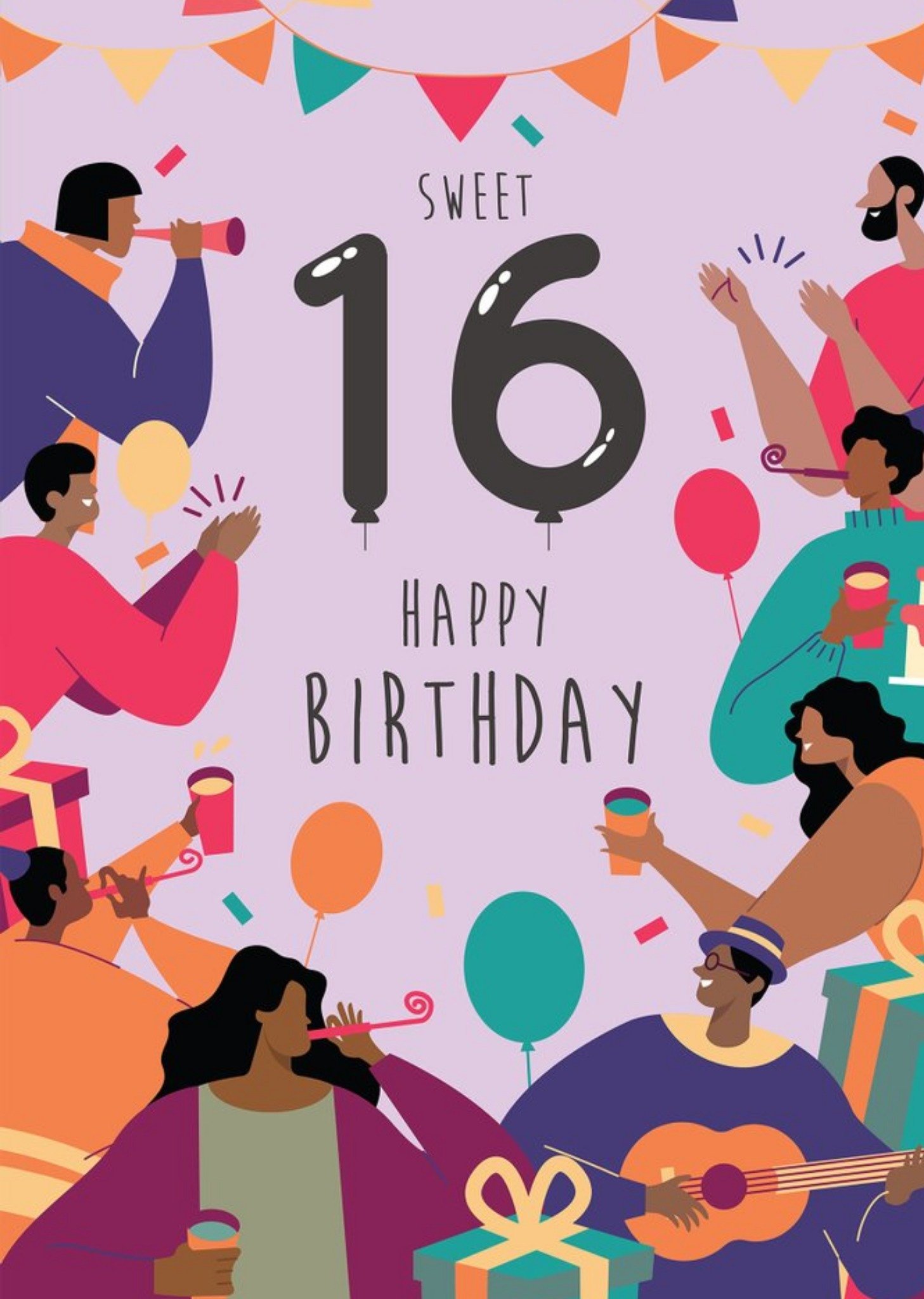 Other Anoela Purple Party Illustration Sweet 16 Happy Birthday Card, Large