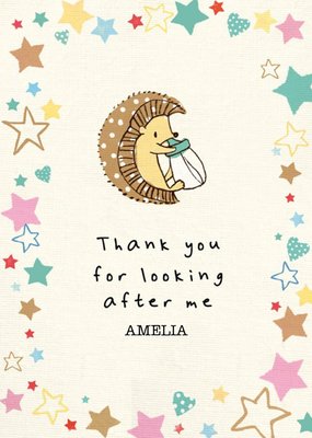 Cute Illustration Of A Hedgehog With A Baby Bottle Surrounded By Colourful Stars Thank You Card