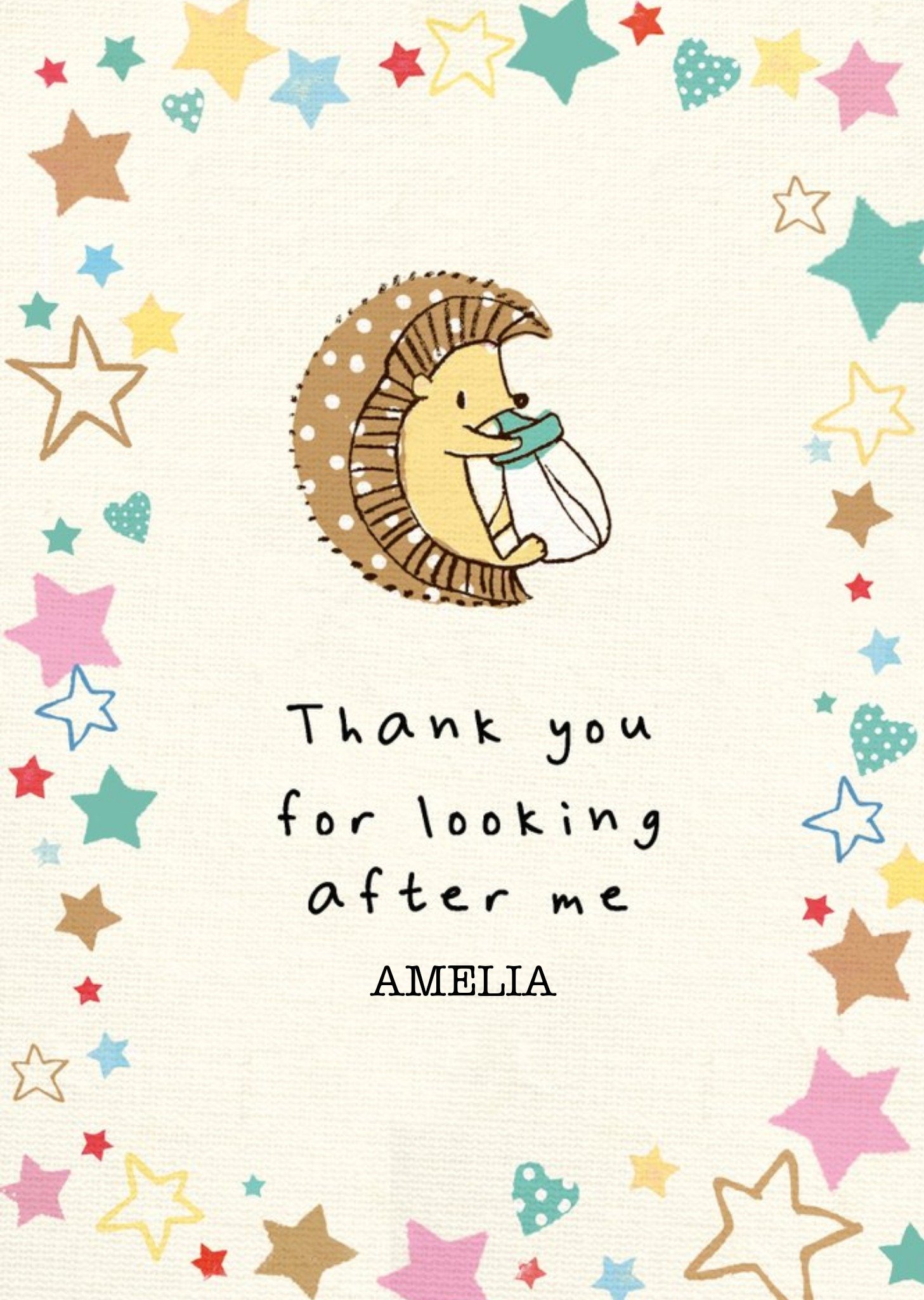 Cute Illustration Of A Hedgehog With A Baby Bottle Surrounded By Colourful Stars Thank You Card Ecard