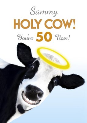 Holy Cow With Halo Personalised Happy 50th Birthday Card
