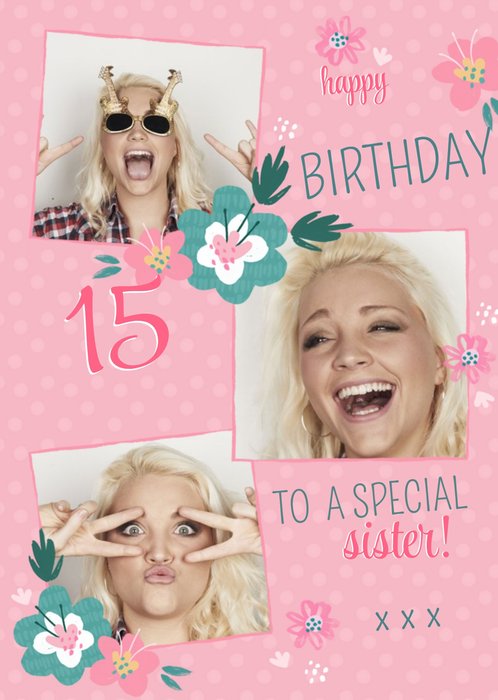 Pink Floral Personalise Age Photo Upload Birthday Card
