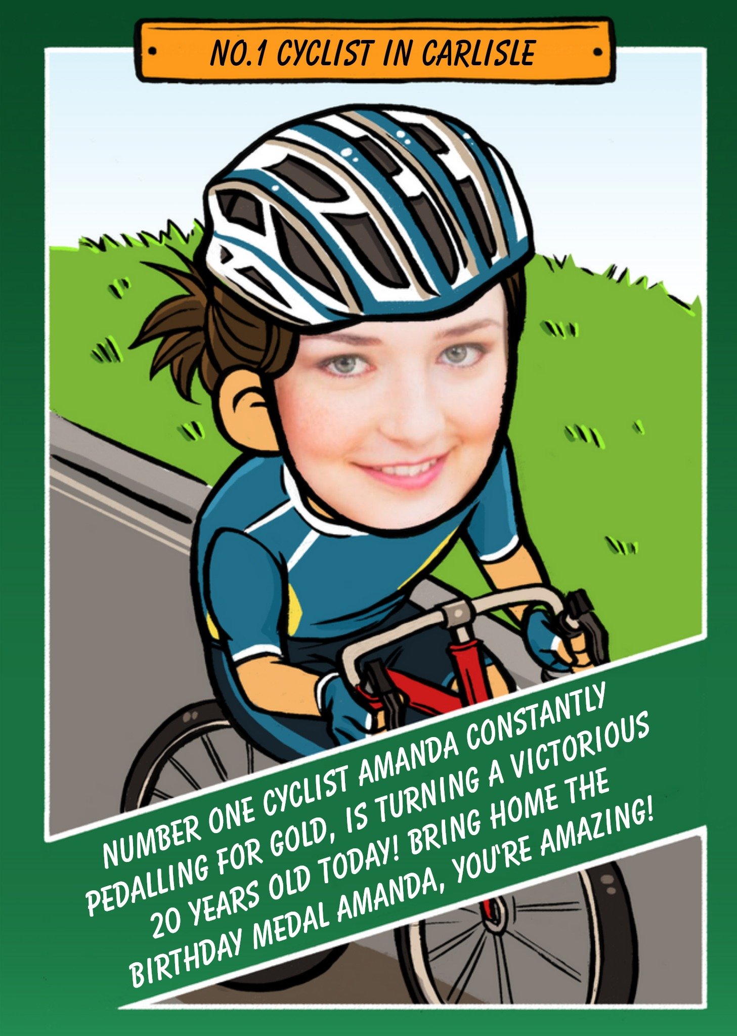 Moonpig Birthday Card - Face In The Hole - Female - Photo Upload - Sport - Cycling, Large