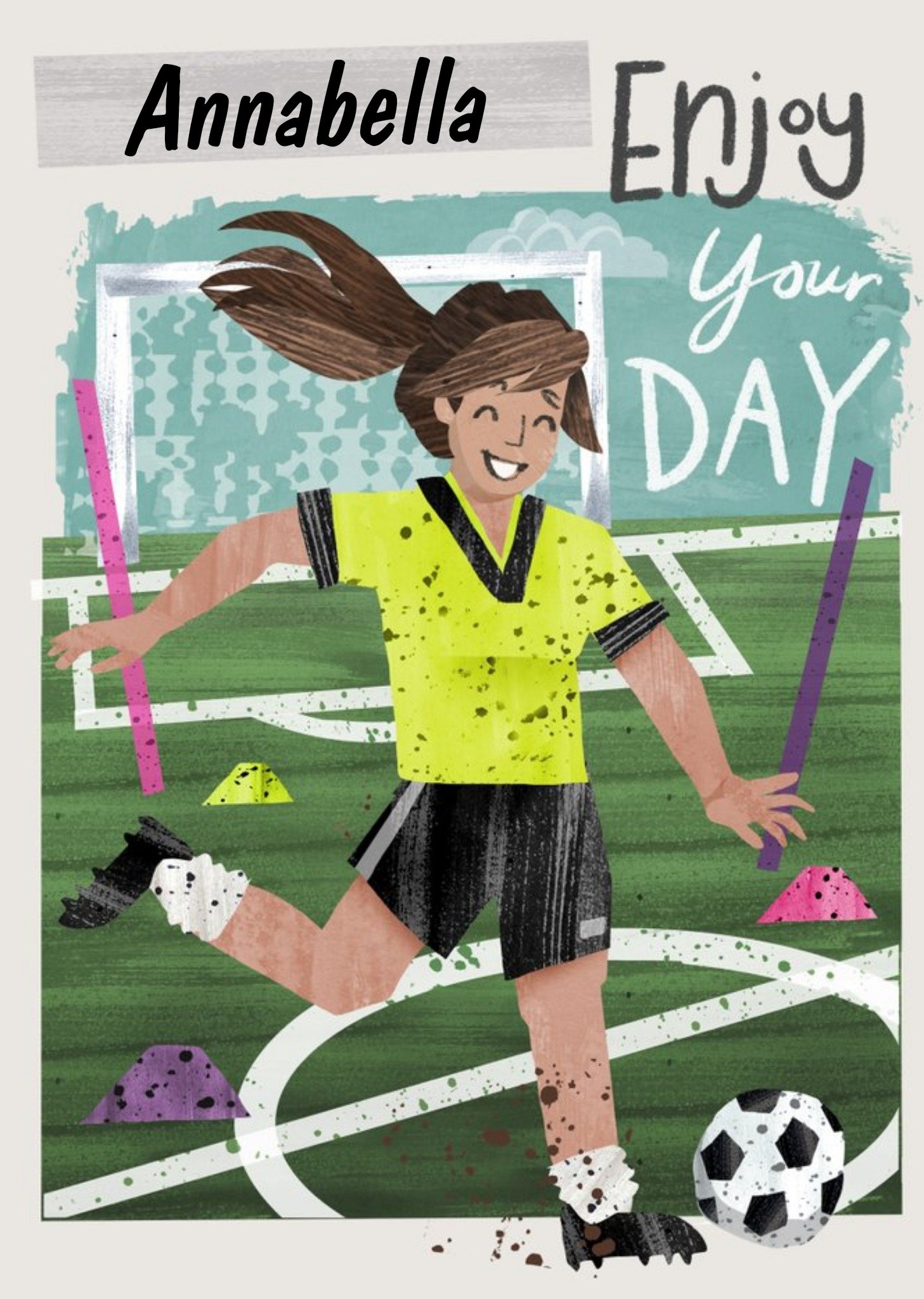 Illustration Of A Girl Playing Football. Enjoy Your Day Birthday Card Ecard