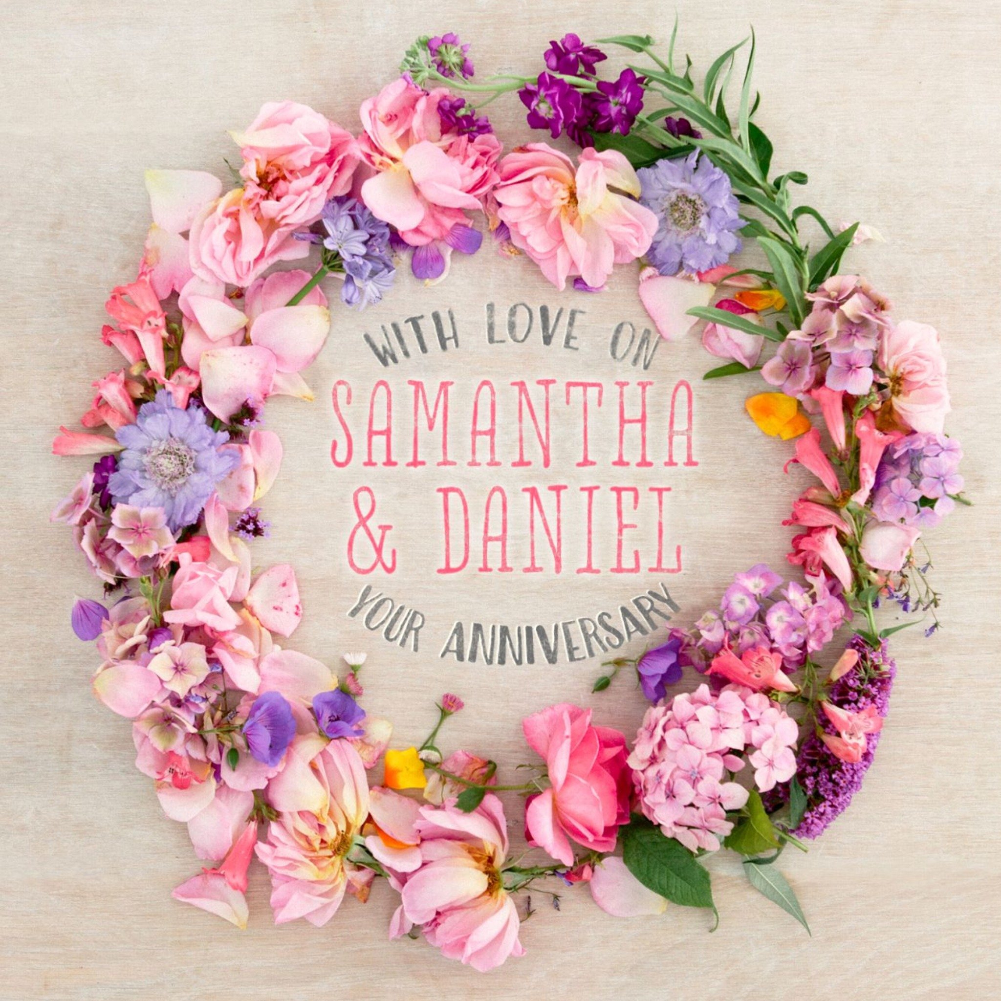 Flower Wreath Happy Anniversary Personalised Text Card, Square