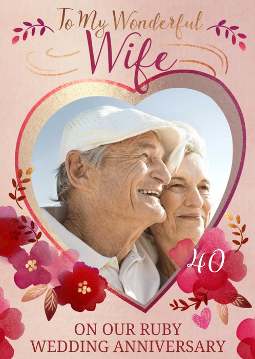 Heart Shaped Photo Frame Surrounded By Flowers Photo Upload Wife's Ruby Anniversary Card