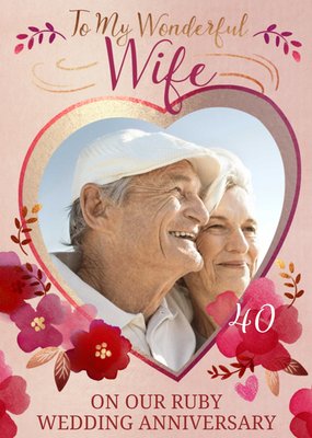 Heart Shaped Photo Frame Surrounded By Flowers Photo Upload Wife's Ruby Anniversary Card