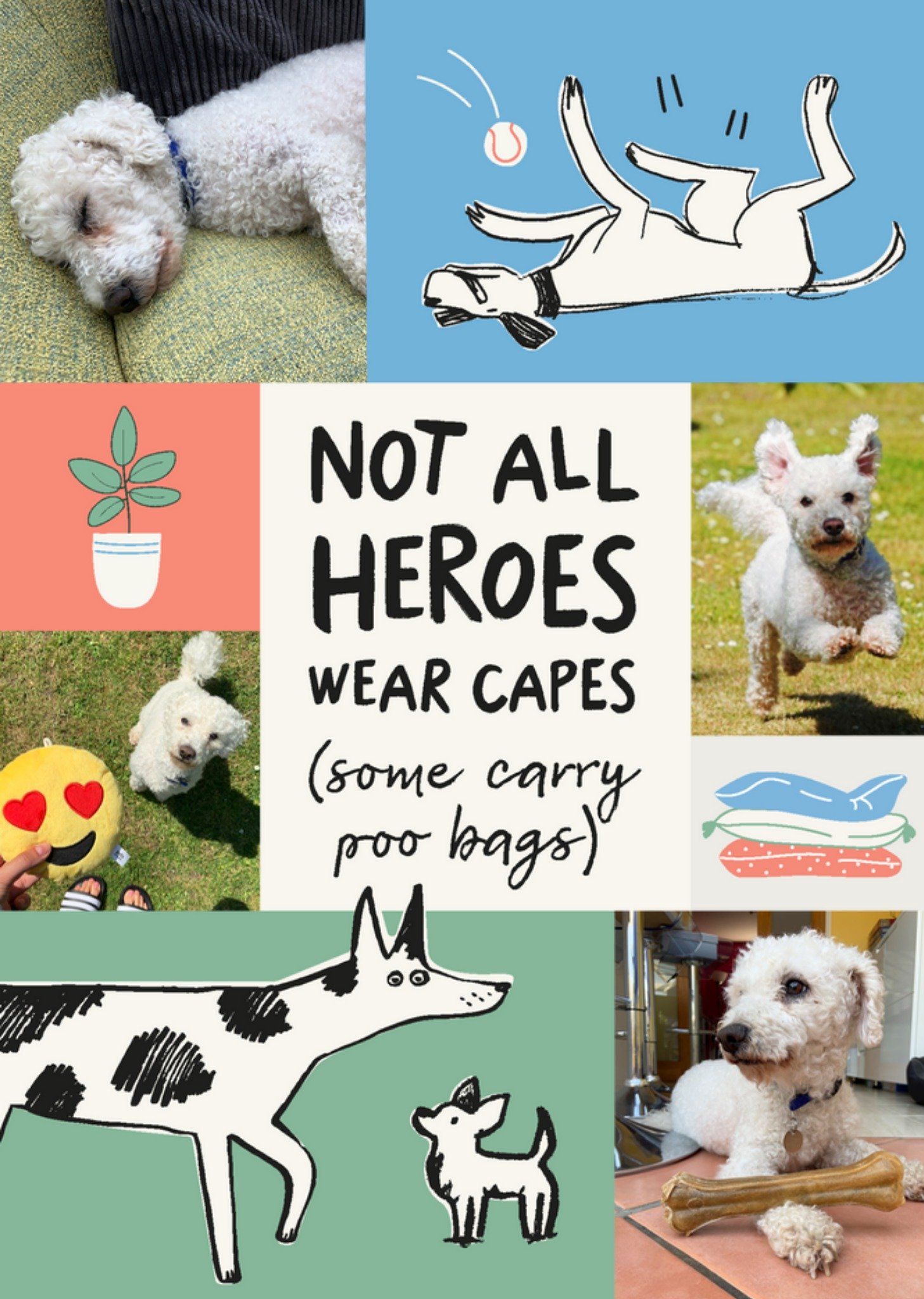 Moonpig Battersea Not All Heroes Wear Capes Cute Illustrated Dogs Photo Upload Card, Large