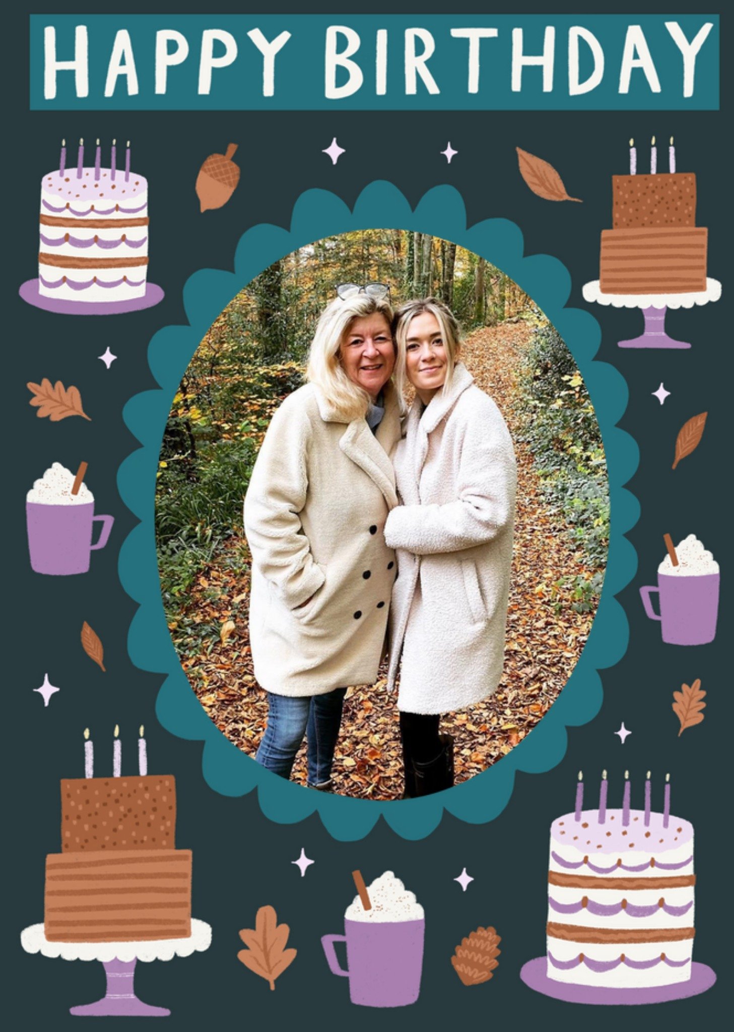 Moonpig Warm Autumnal Birthday Cake And Mugs Of Hot Chocolate Upload Birthday Card, Large