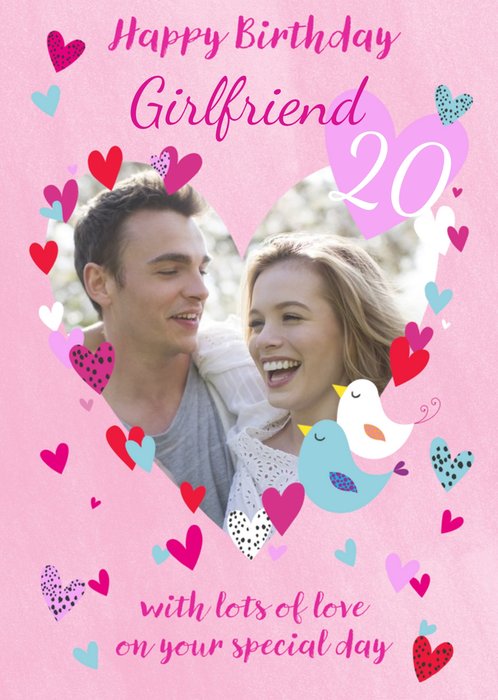 Decorative Hearts And Two Love Birds Illustration Personalise Photo Upload Girlfriend Birthday Card