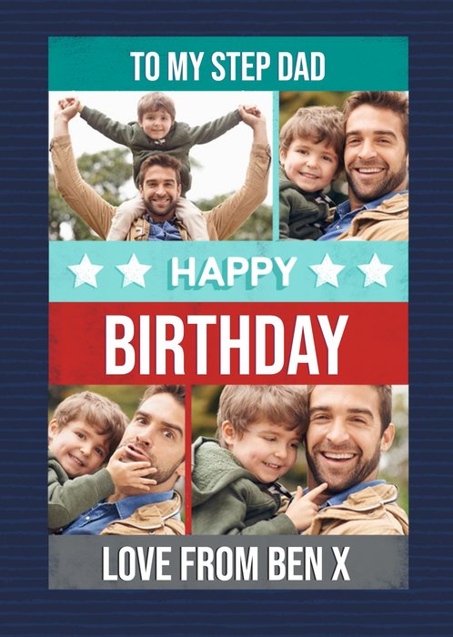 Bold White Typography And A Blue Striped Border Step Dad's Birthday Photo Upload Card