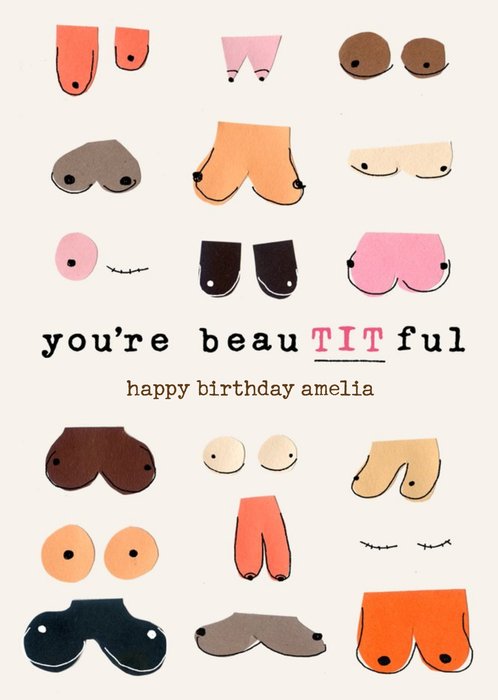 Illustrated Boobs Tits You're Beautitful Happy Birthday Card