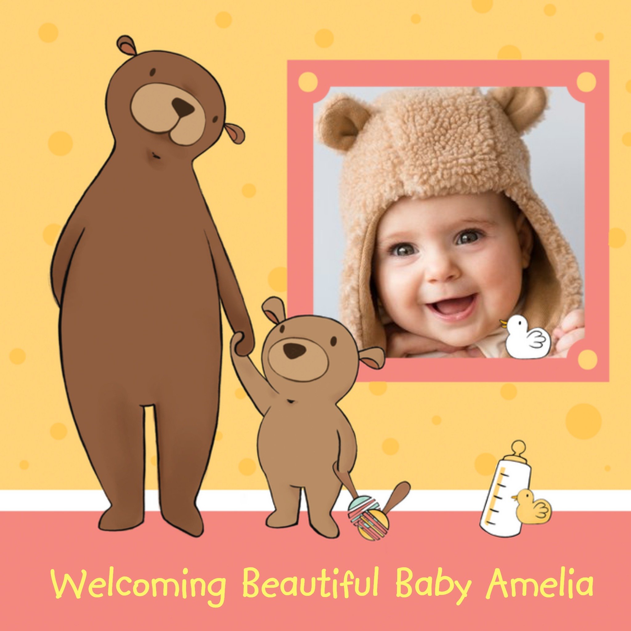 Moonpig Paw-Holding Bears New Baby Girl Photo Card, Square