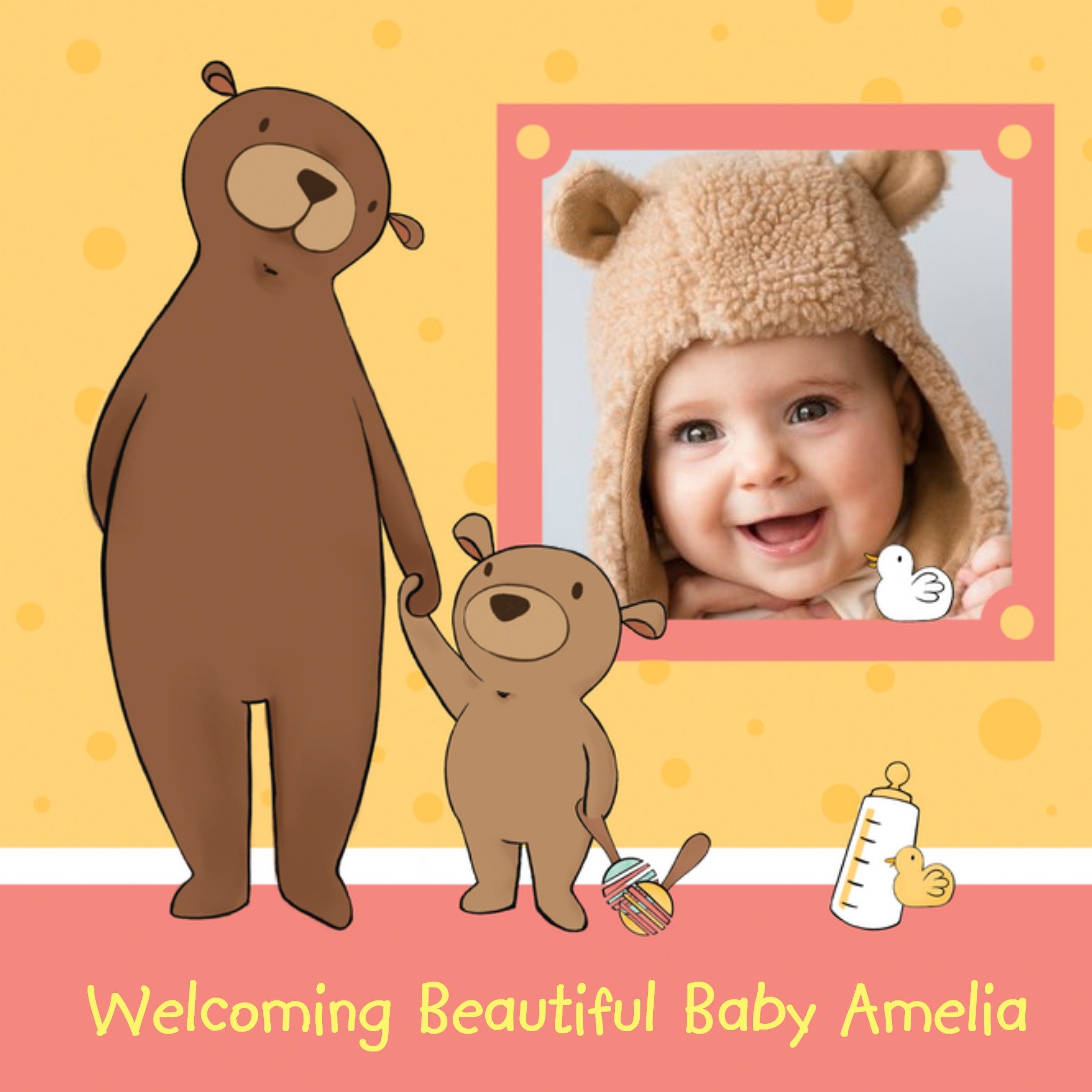 Paw-Holding Bears New Baby Girl Photo Card, Square