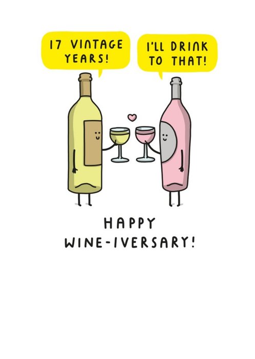 Wine Bottles Toasting Cartoon Illustration Seventeenth Anniversary Funny Pun Card