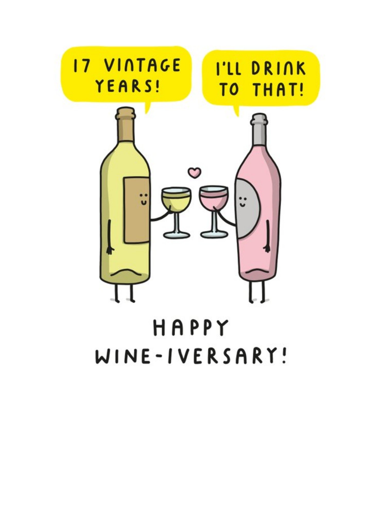 Wine Bottles Toasting Cartoon Illustration Seventeenth Anniversary Funny Pun Card