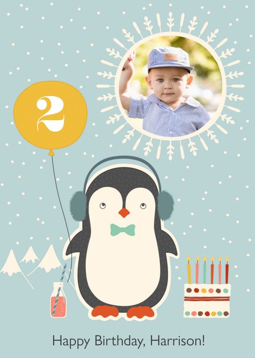 Cartoon Penguin Happy Birthday Photo Card