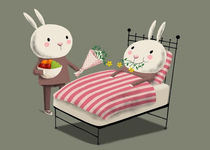 Modern Cute Illustration Poorly Sick Ill Rabbit In Bed Get Well Soon ...