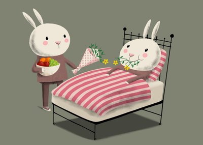 Modern Cute Illustration Poorly Sick Ill Rabbit In Bed Get Well Soon Card