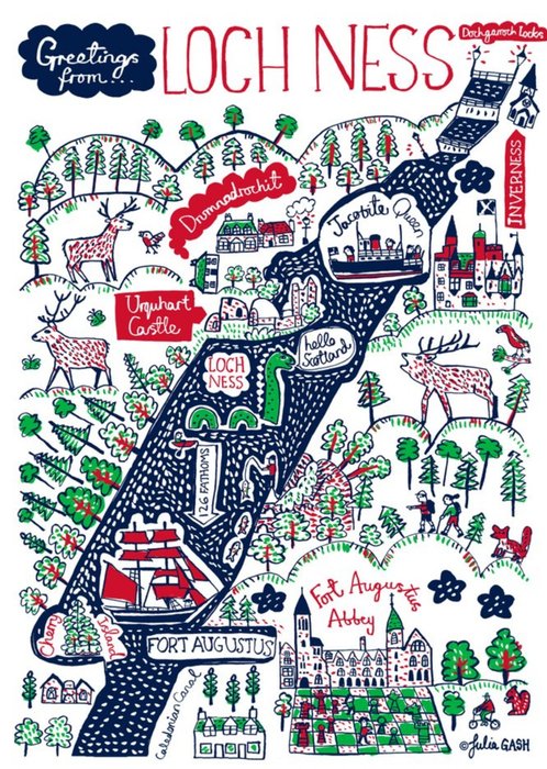 Illustrated Scenic Map Greetings From Scotland Loch Ness Card