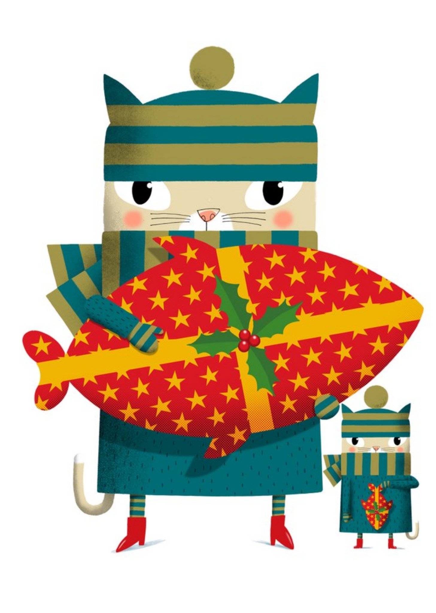 Moonpig Modern Cute Illustration Winter Cats With Fish Present Christmas Card Ecard