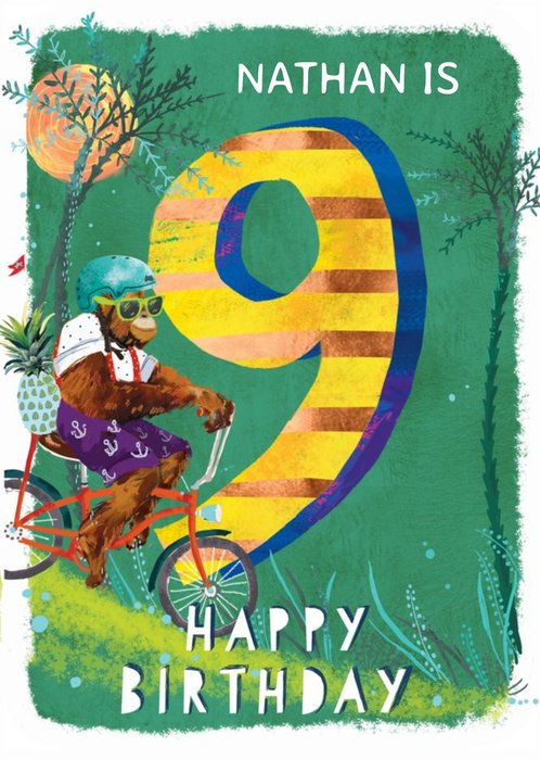 Ling design - kids Happy Birthday card - Monkey - 9 Today