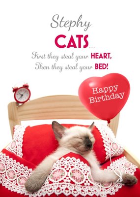Sleepy Cat With Heart Balloon Personalised Happy Birthday Card