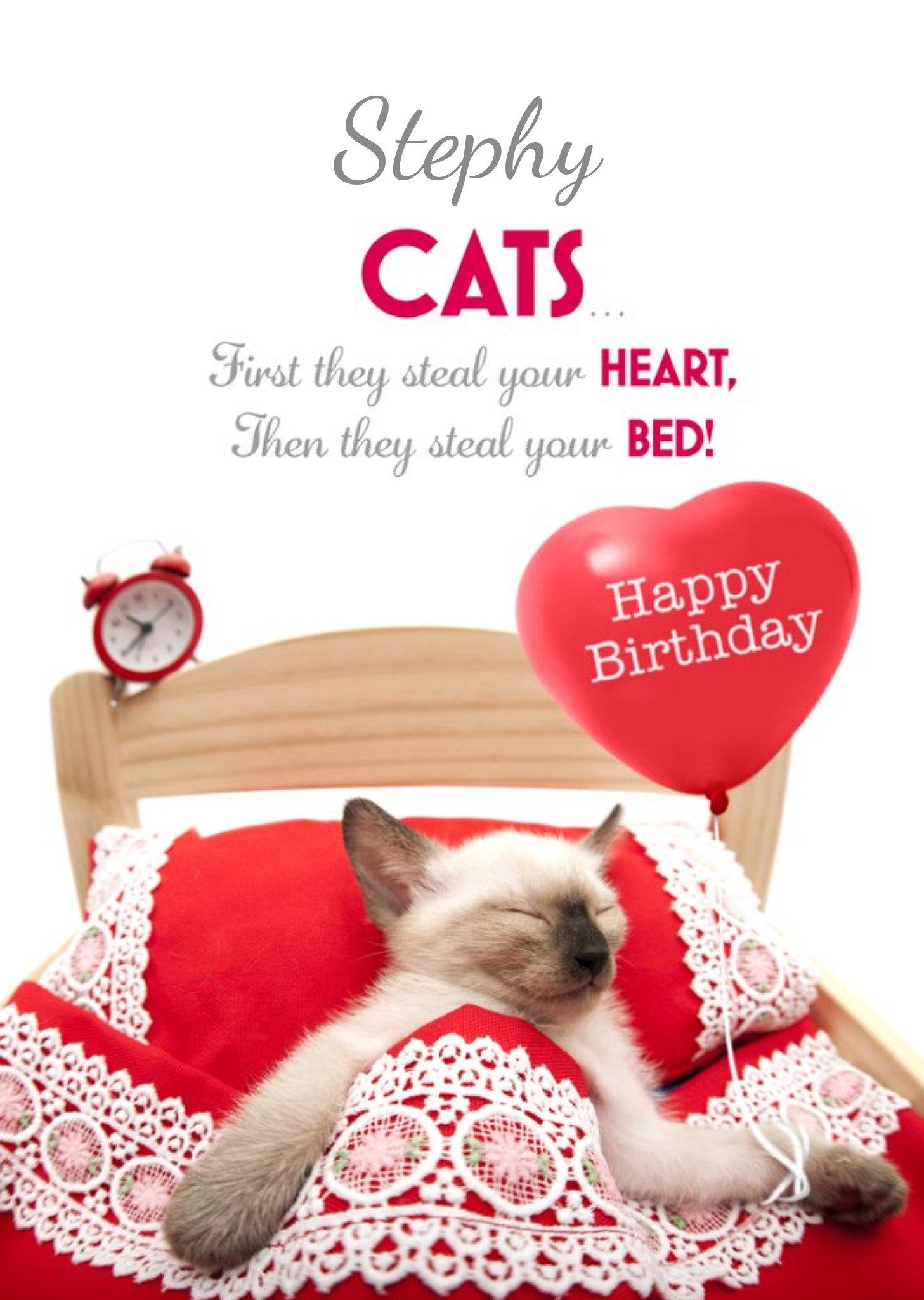 Sleepy Cat With Heart Balloon Personalised Happy Birthday Card Ecard