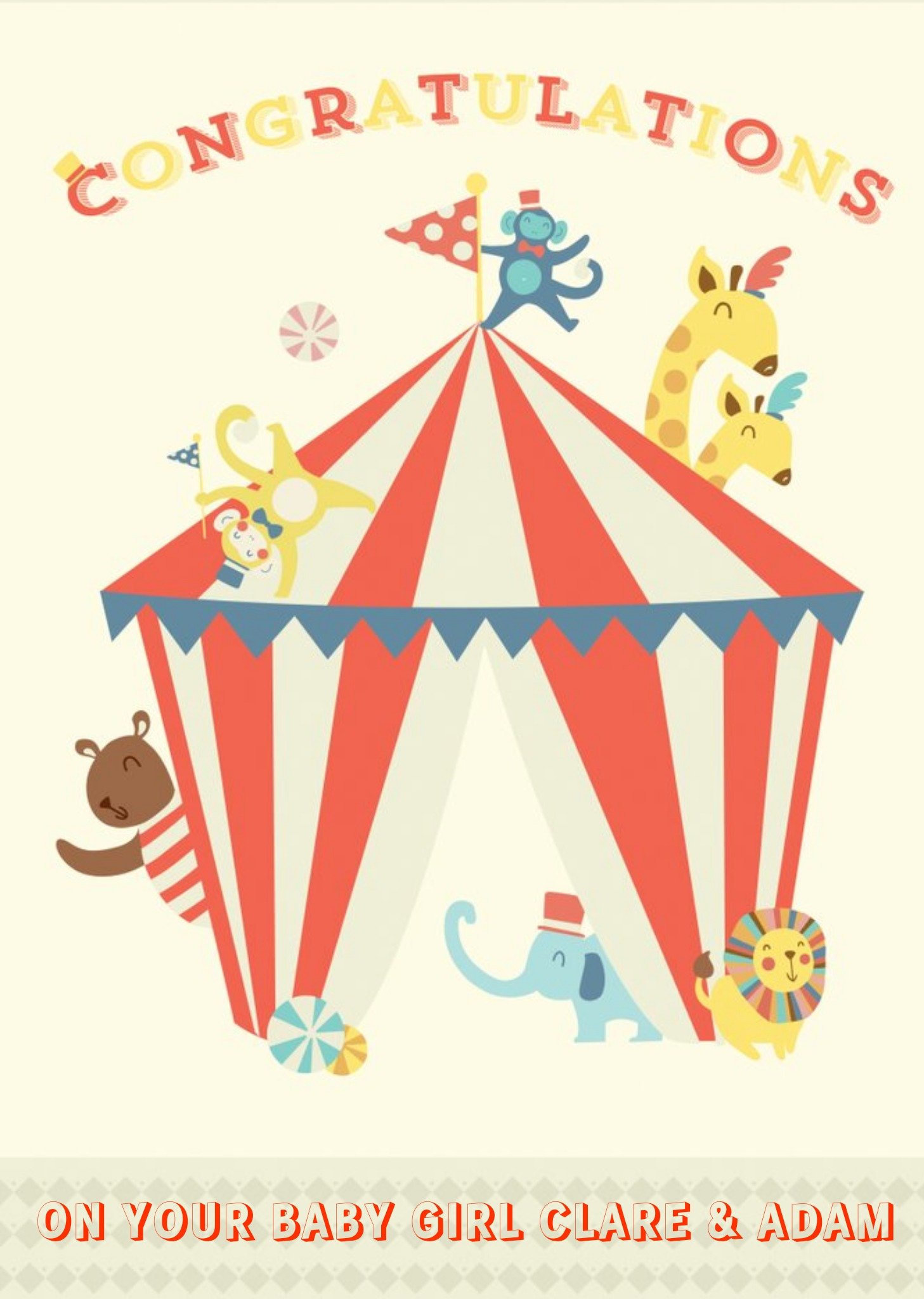 Personalised Cartoon Circus Act New Baby Card