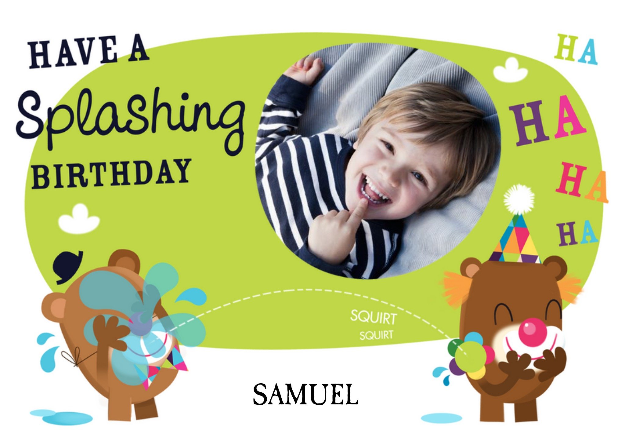 Moonpig Clown Bear Splashing Personalised Photo Upload Happy Birthday Card, Large