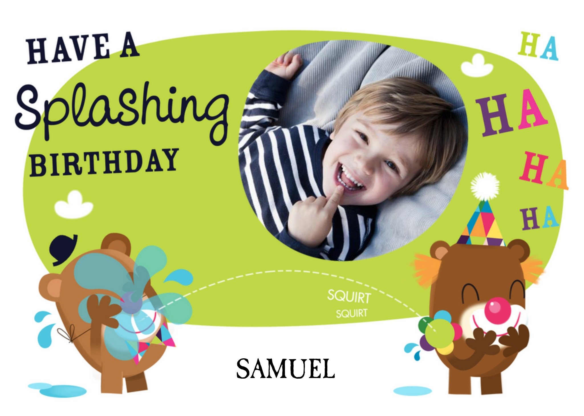 Clown Bear Splashing Personalised Photo Upload Happy Birthday Card Ecard