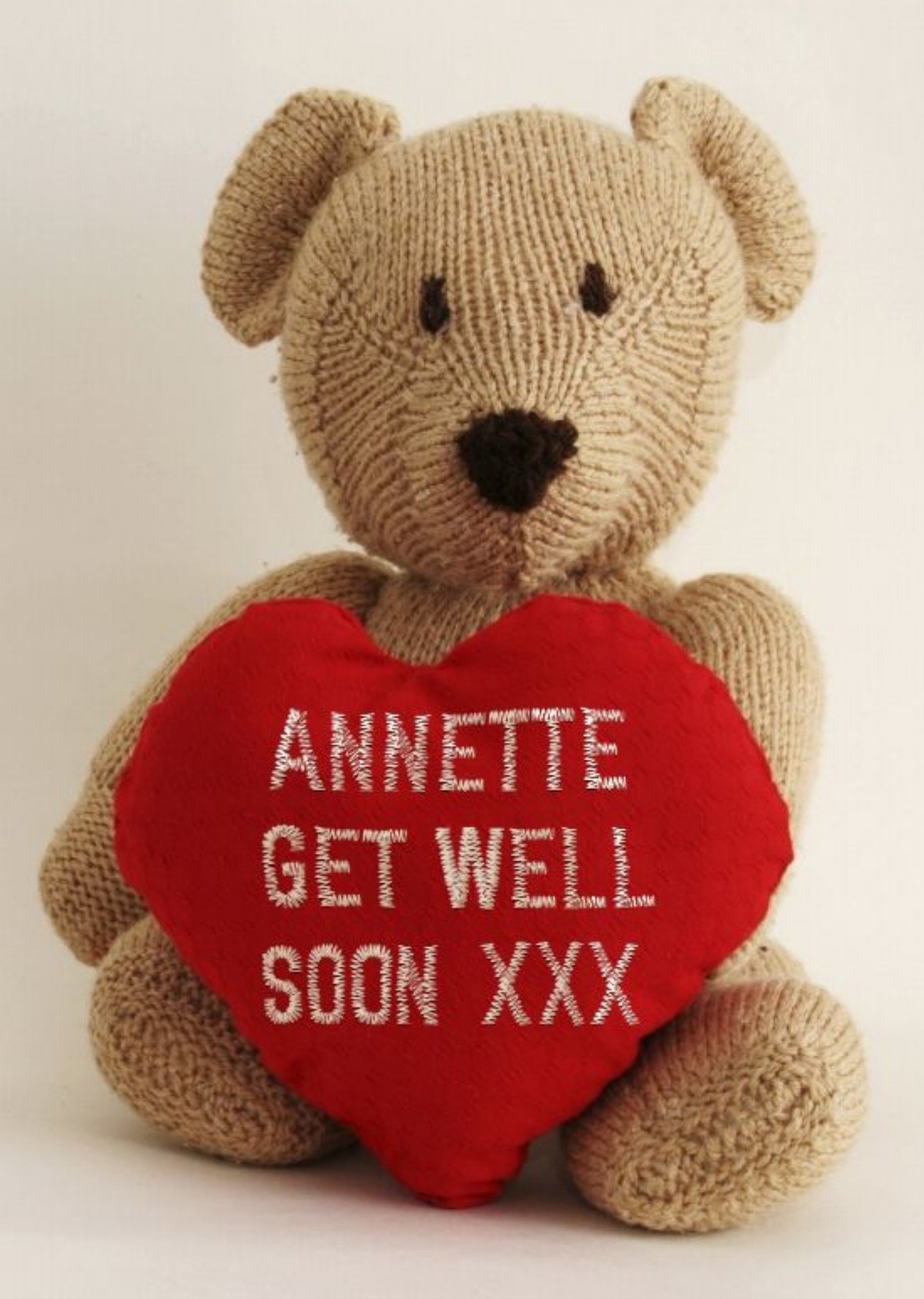 Teddy Bear With Heart And Name Stitched On Personalised Get Well Soon Card