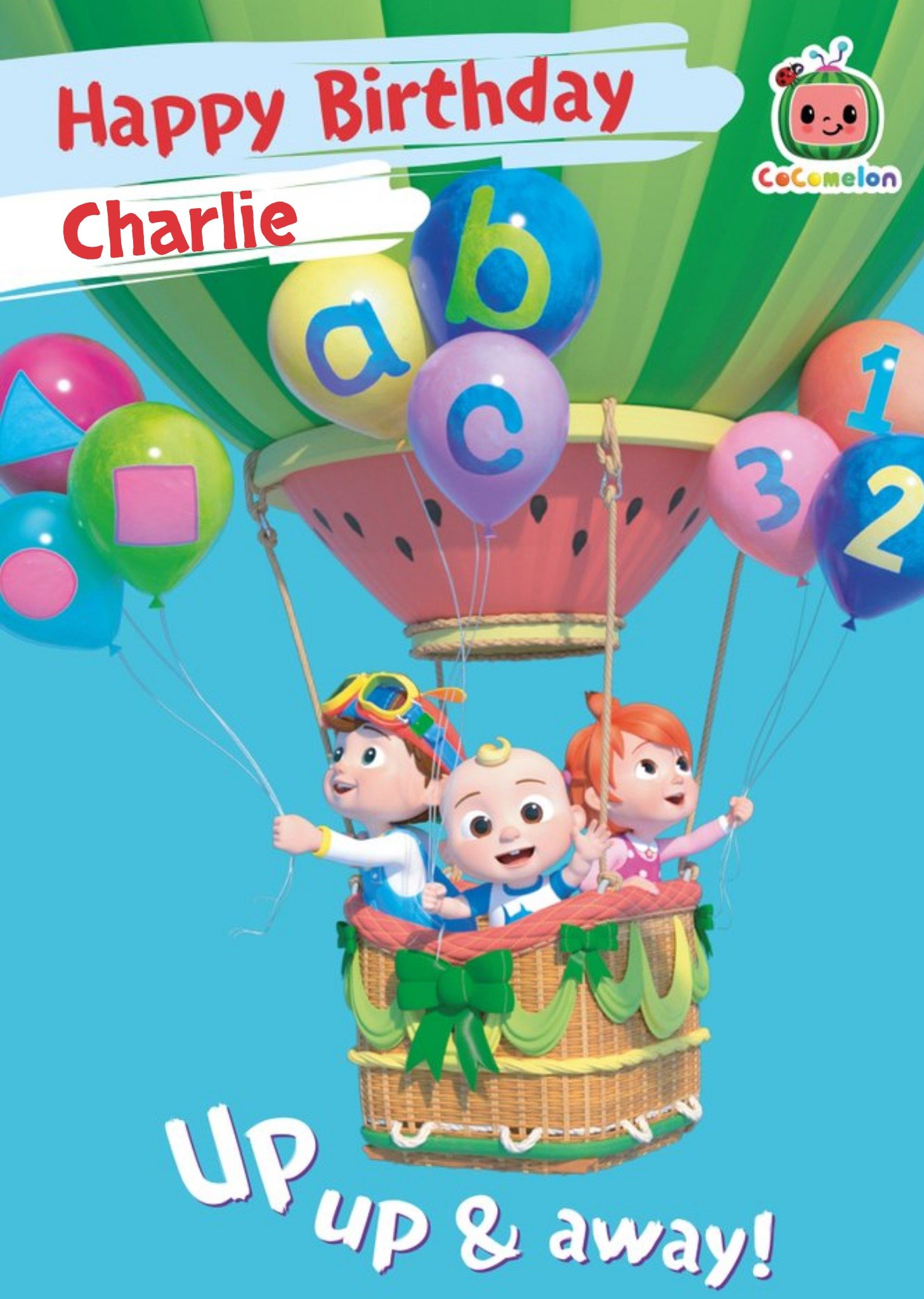 Moonpig Coco Melon. Illustration Of Jj, Yoyo And Tomtom In A Hot Air Balloon Birthday Card Ecard