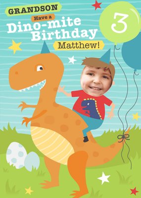 Grandson Have A Dino-mite Birthday Dinosaur Photo Upload Card