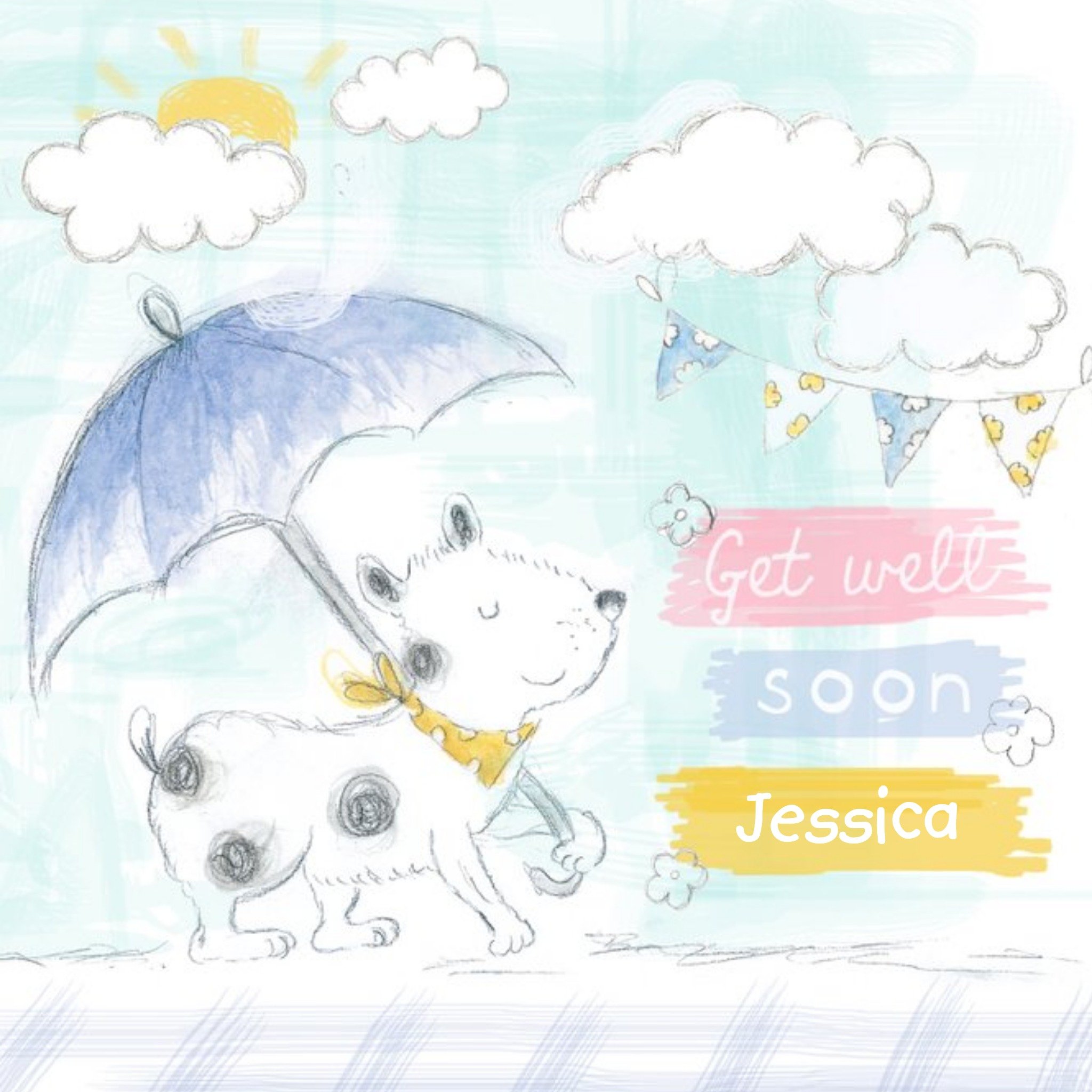 Dog With Umbrella Personalised Get Well Soon Card, Square